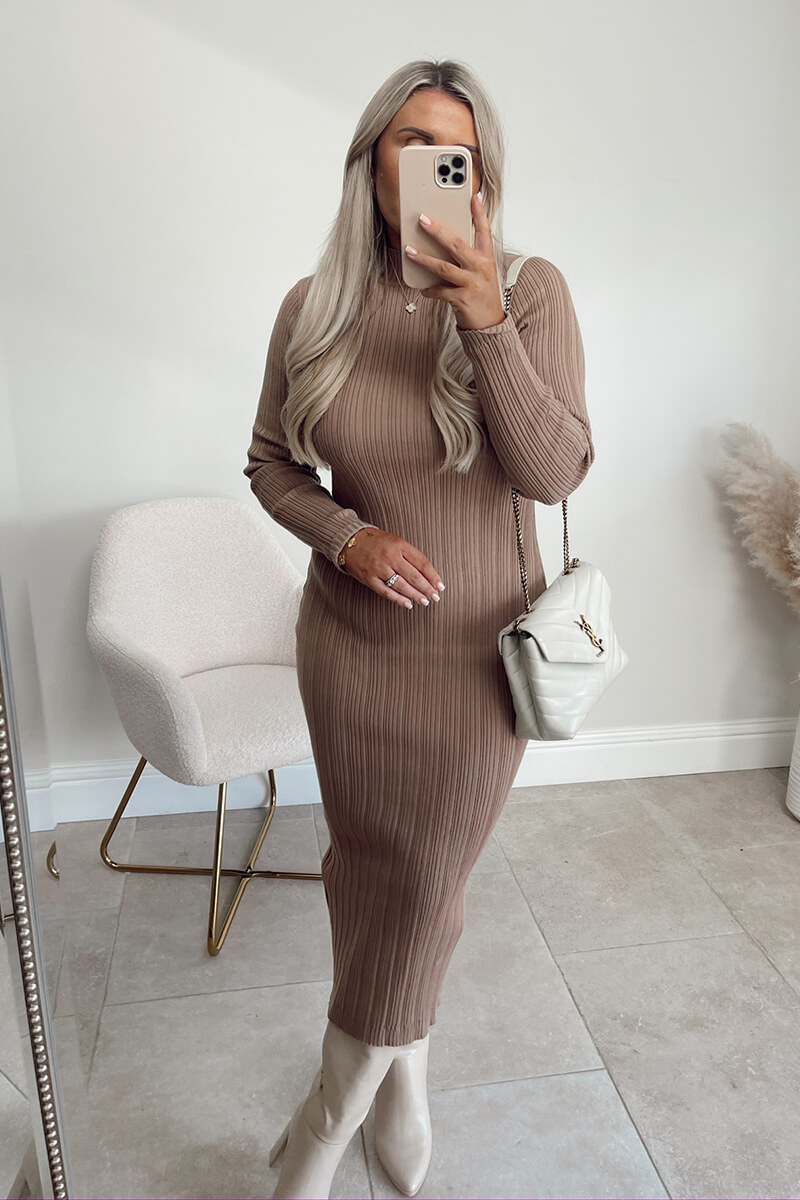 High Neck Variegated Rib Knit Midi Dress